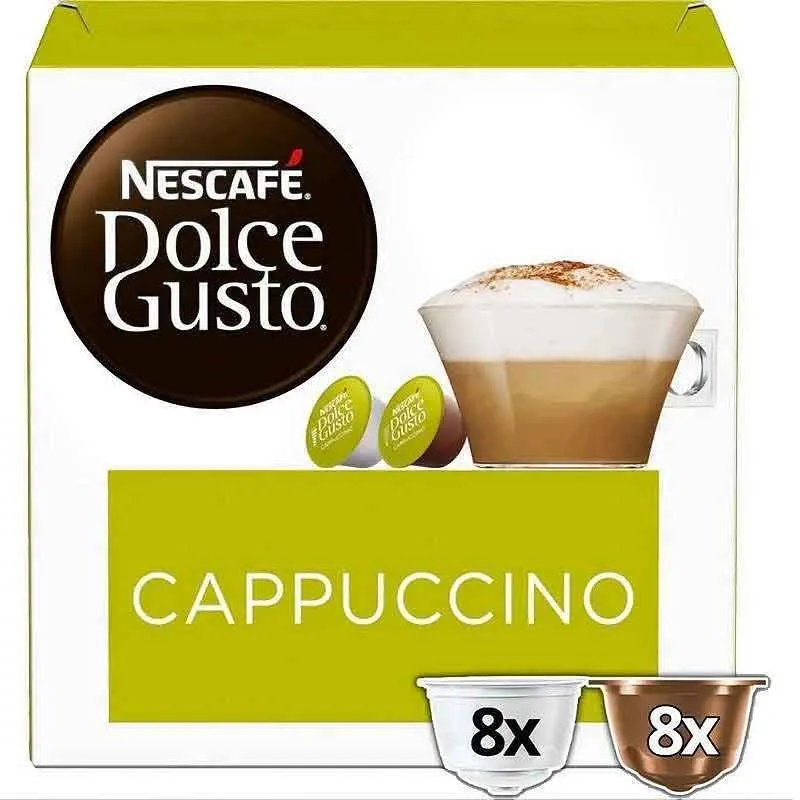Cappuccino tem 8 bebidas. Dolce Gusto, esta bebida usa 2 cápsulas.