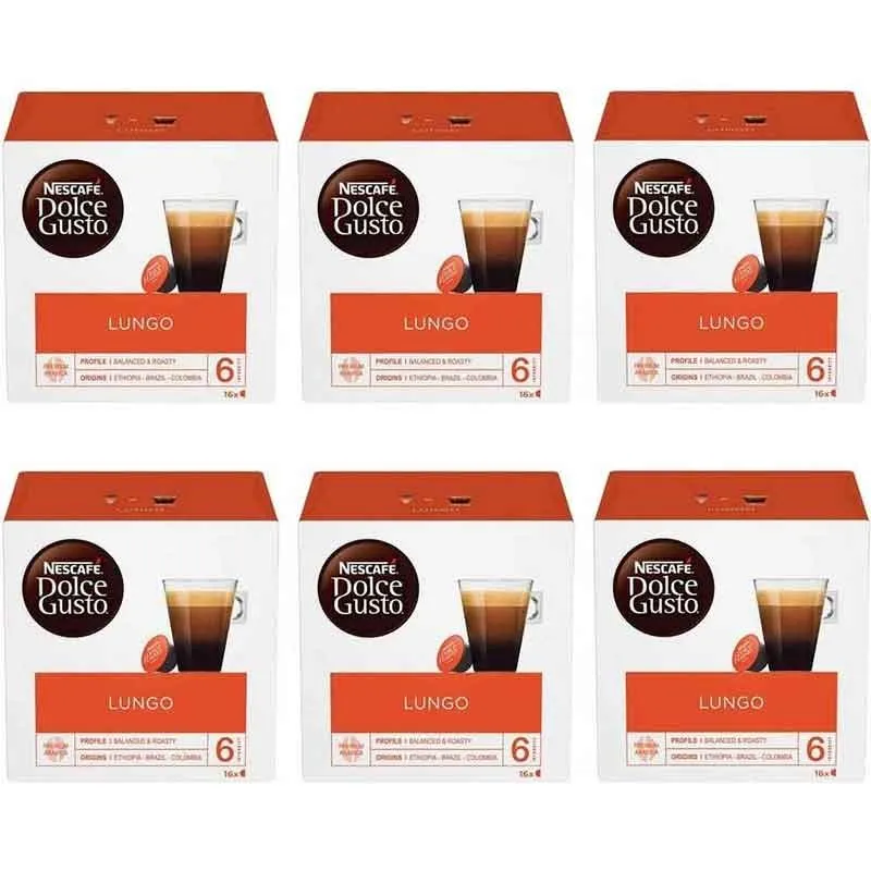 Lungo – Pack 6 boîtes de 16 capsules Dolce Gusto (96 capsules)
